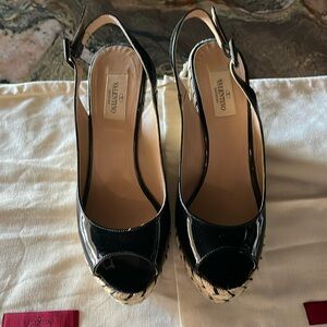 Valentino Black Patent Slingback Espadrille Wedge